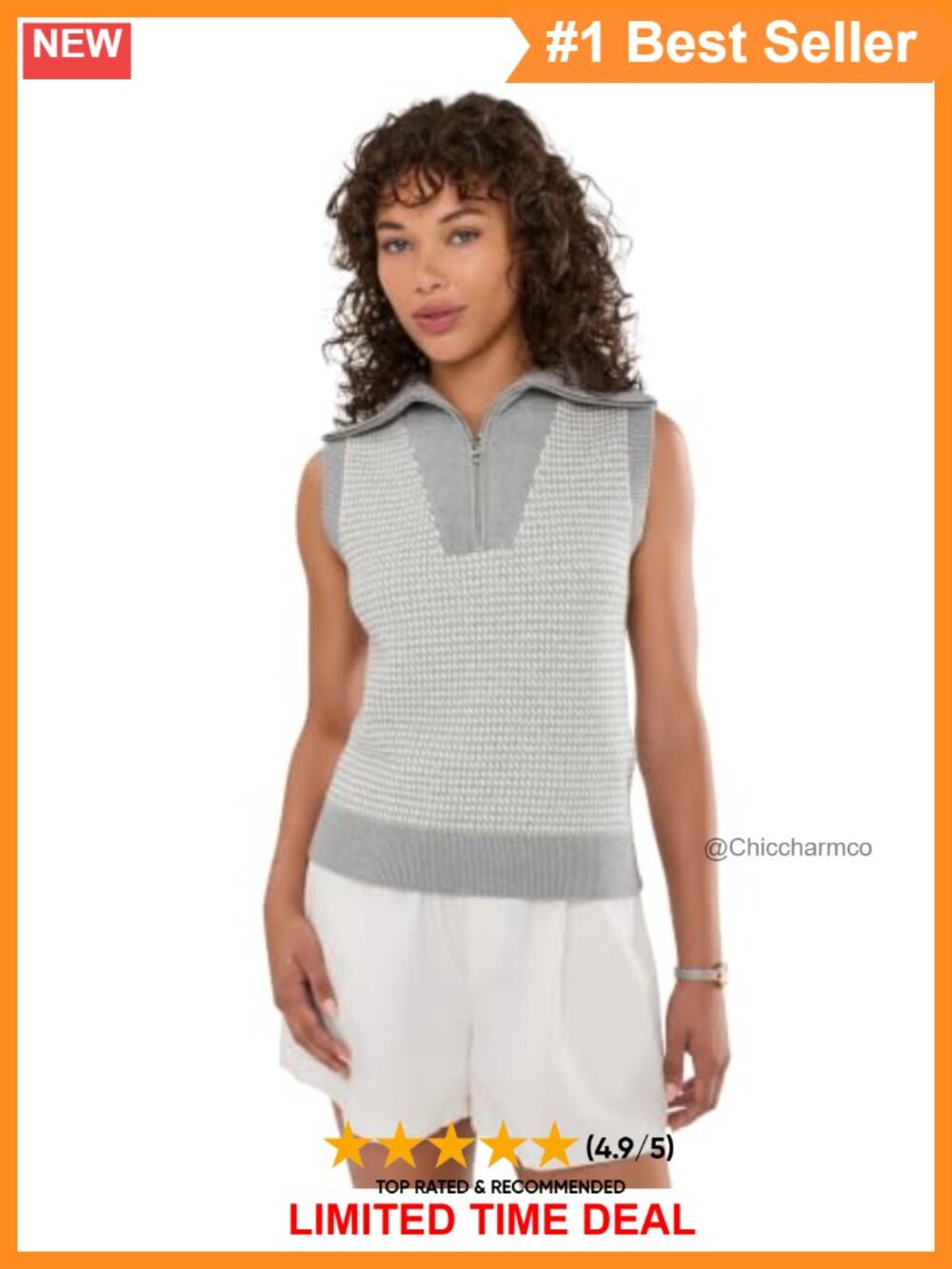 Sleeveless Half Zip Checkered Knit Sweater Vest Ribbed Trim